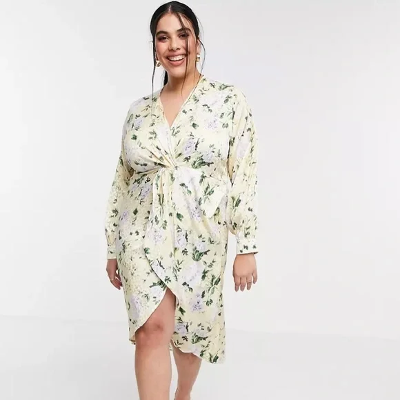 ASOS Curve | Dresses | Hope Ivy Plus Long Sleeve Twist Front Kimono High  Low Midi Dress Floral Yellow | Poshmark